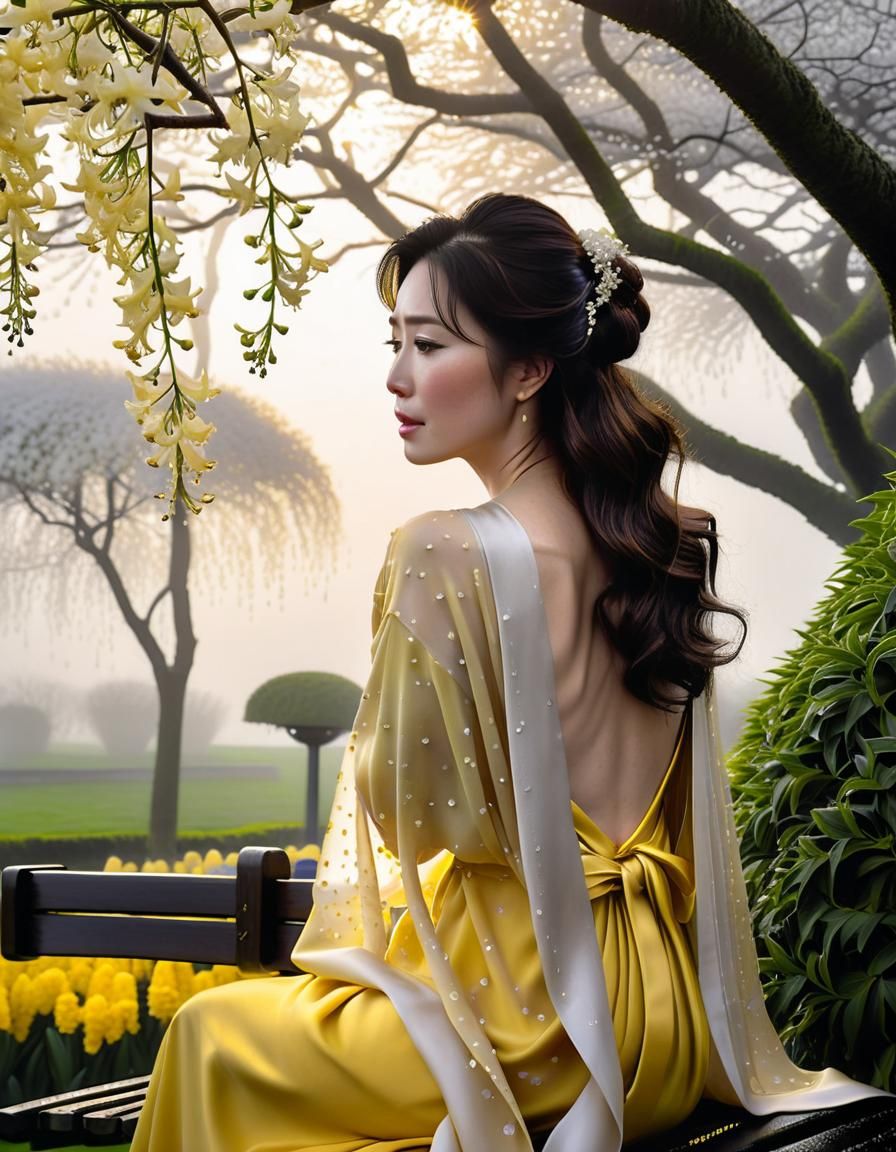 Chiaroscuro Portrait of Woman in Rainy Garden