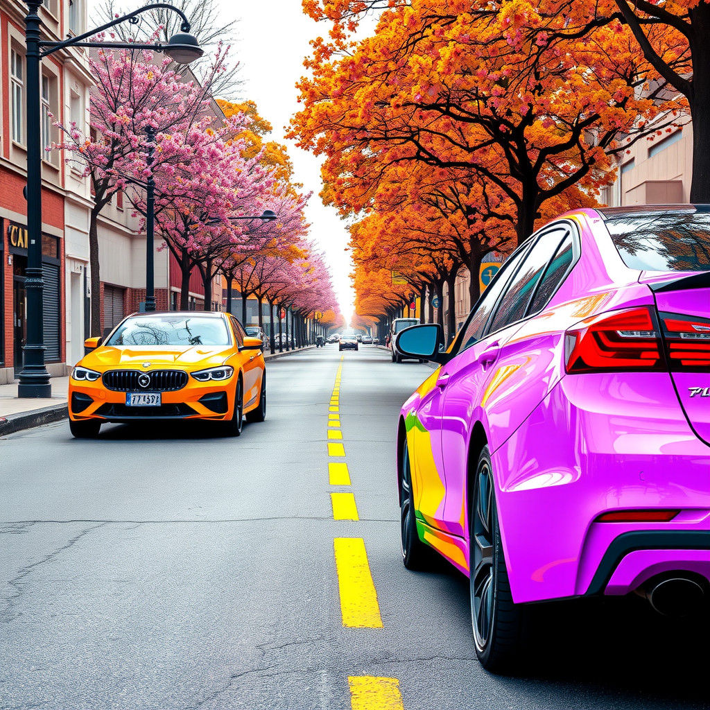 Rainbow Cars in Hyperrealistic Street Scene