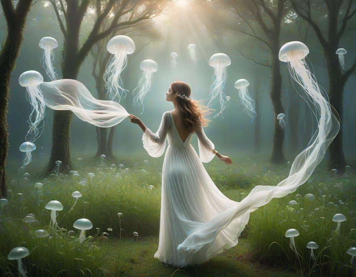 Whimsical Woman in Enchanted Forest with Floating Jellyfish