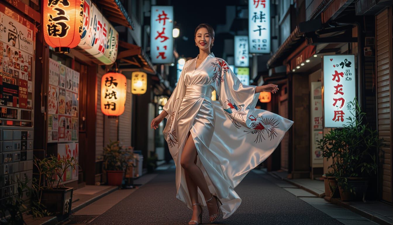 Hyperrealistic Woman in Kimono, Tokyo Night