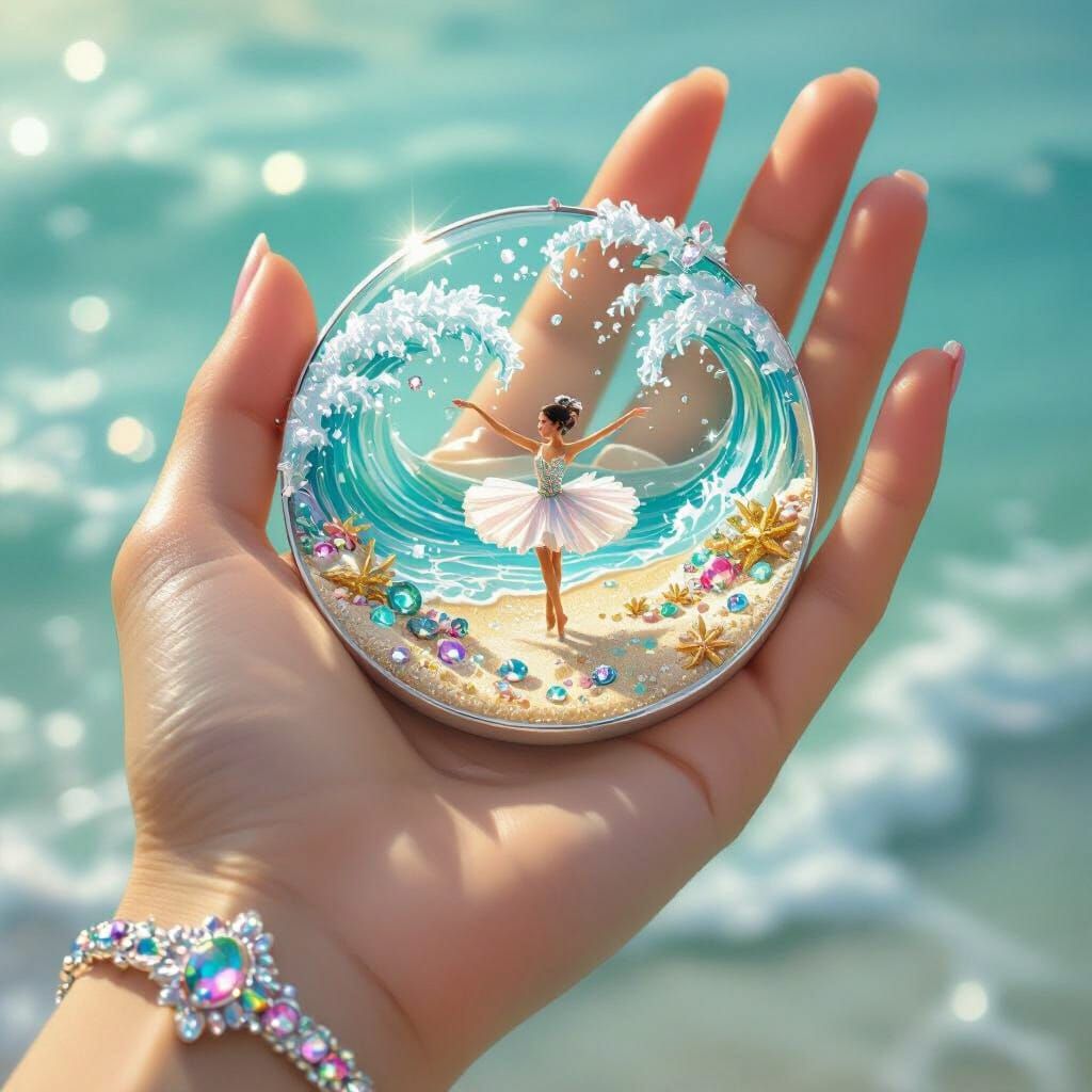 Miniature Beach Dancer in Open Hand: Whimsical Illustration