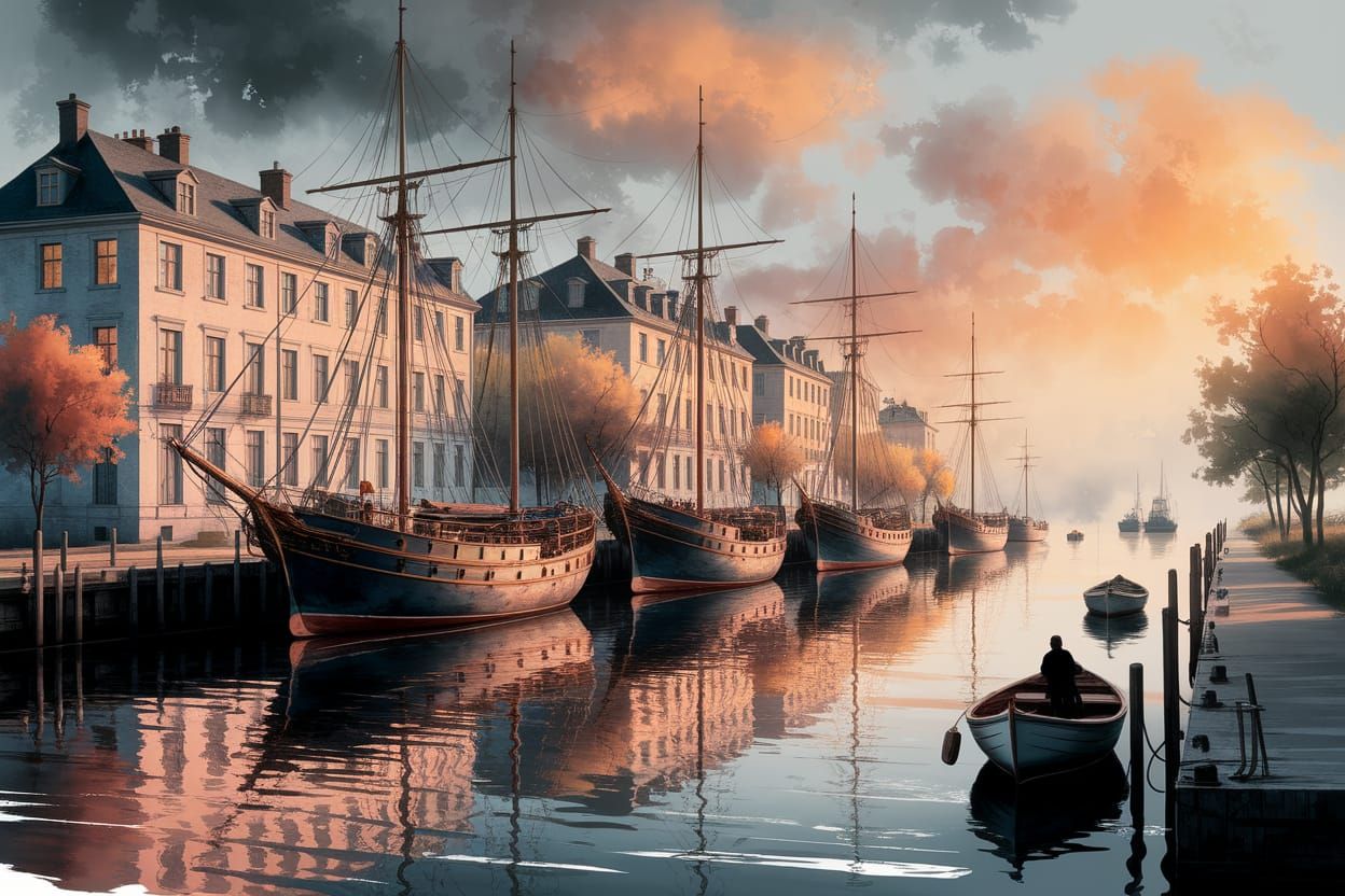 Impressionistic Watercolor of a Harbor with Sailing Ships at...