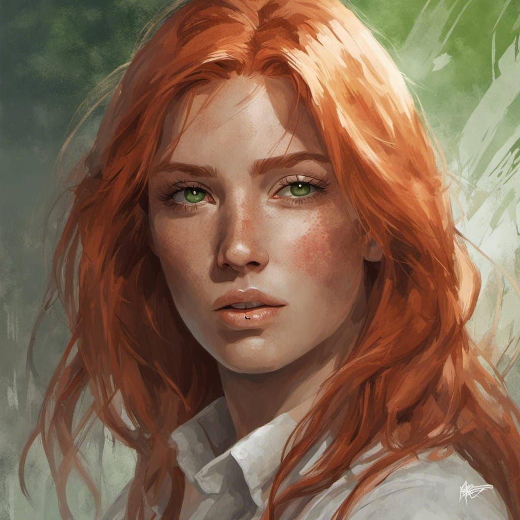 Freckled Woman Portrait with Red Hair, Digital Art