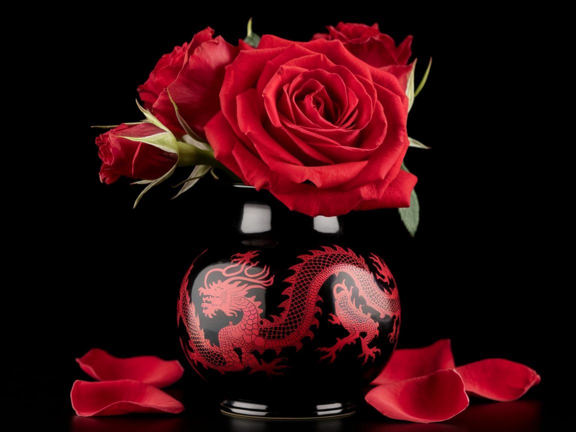 Elegant Black Vase with Red Dragon Engravings and a Vibrant ...