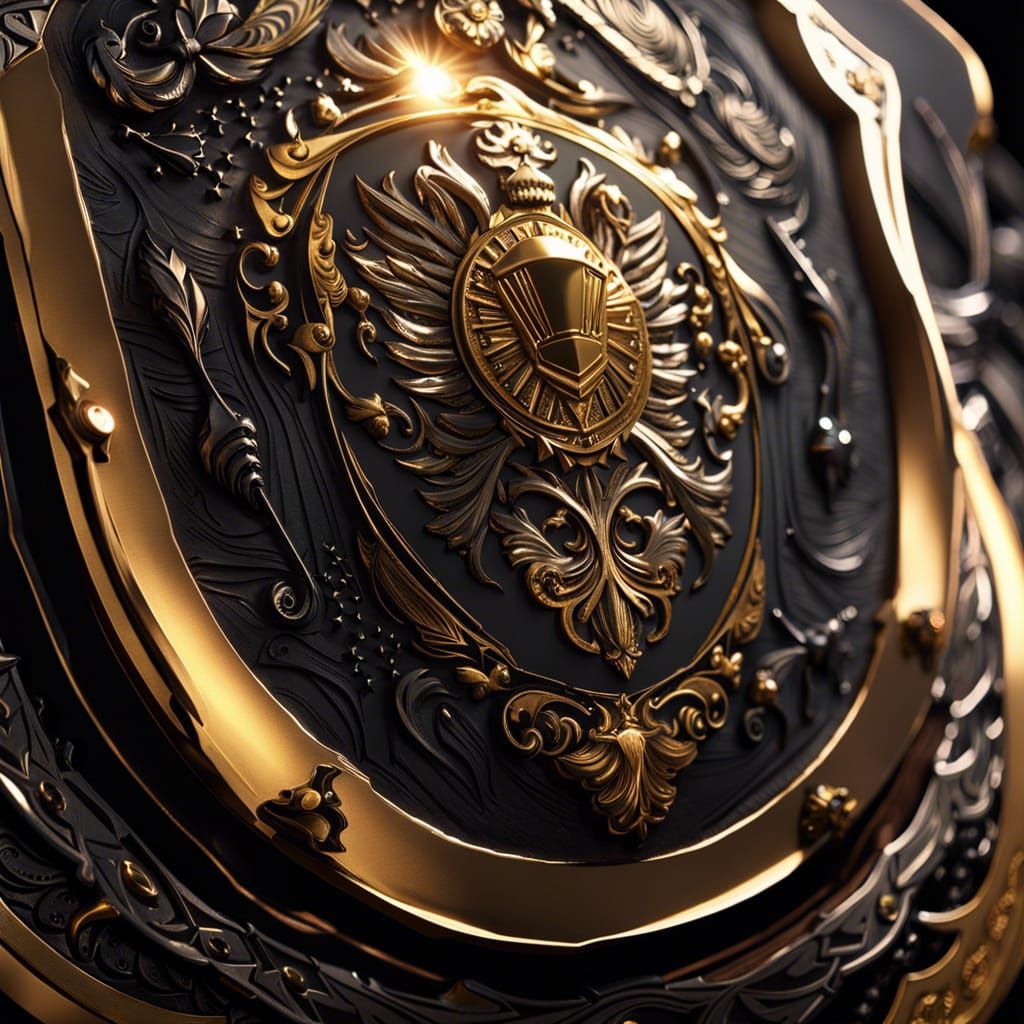 Ornate Shield with Black and Gold Engraving