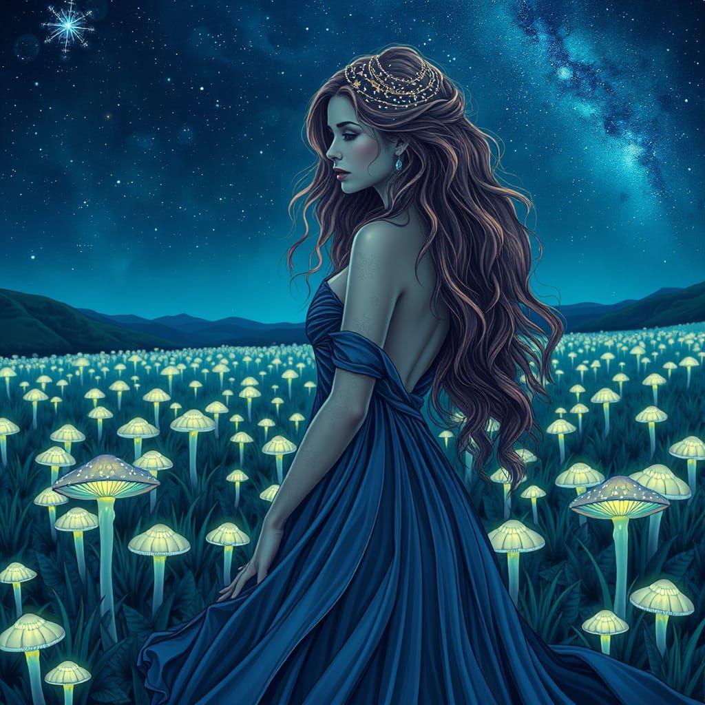 Woman with Starlight Hair in Bioluminescent Field