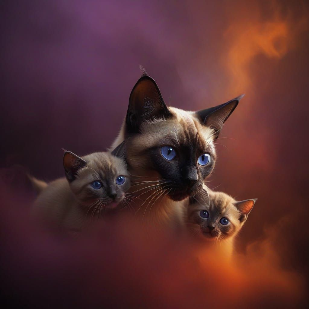 Vibrant Siamese Cats Amidst Whimsical Colored Mist