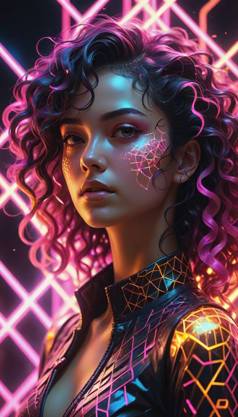 Cyberpunk Woman in Neon Data Lattice
