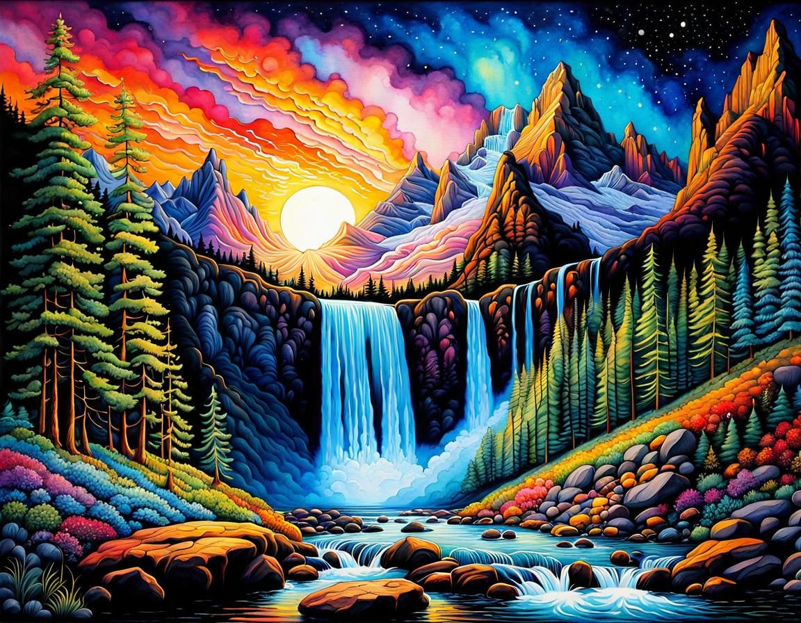 Rocky Mountain Waterfalls Sunset in Watercolor Style
