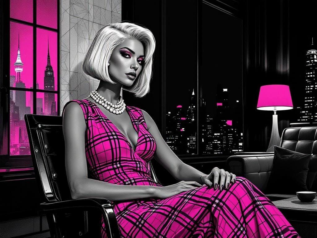 Glamorous Woman in Pink Dress, Aubrey Beardsley Style