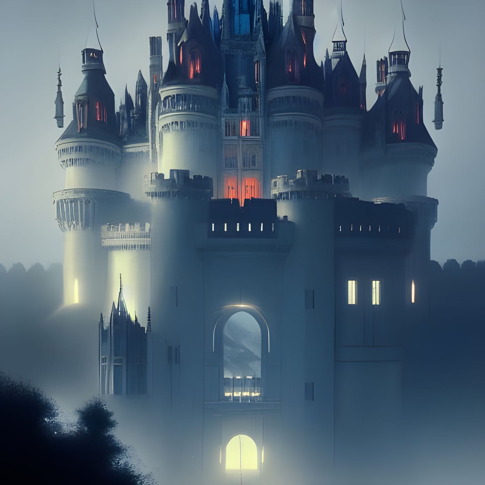 Cyberpunk Castle on Mountain Cliff with Warm Glow