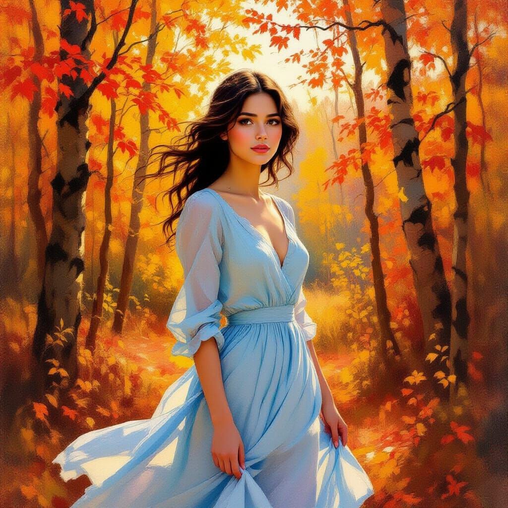 Morgan in Autumn Forest Golden Hour Oil Painting