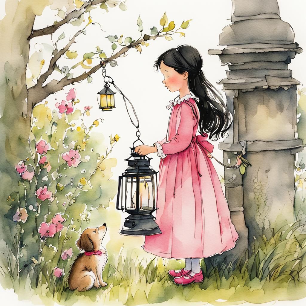 Princess with Lantern: Storybook Watercolor Illustration
