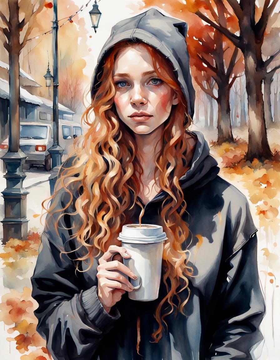 Watercolor Portrait of Ginger Woman on Autumn Day