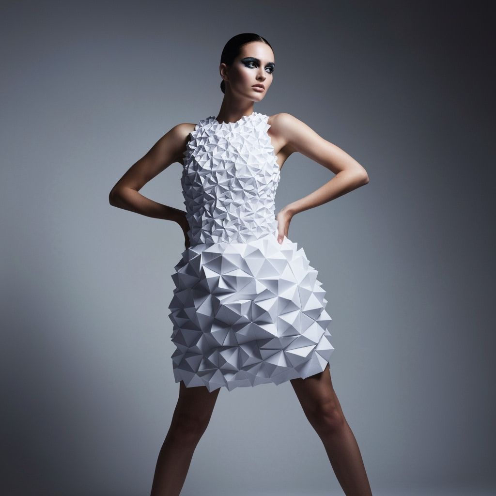 Model in Origami Paper Dress, Dramatic Studio Lighting