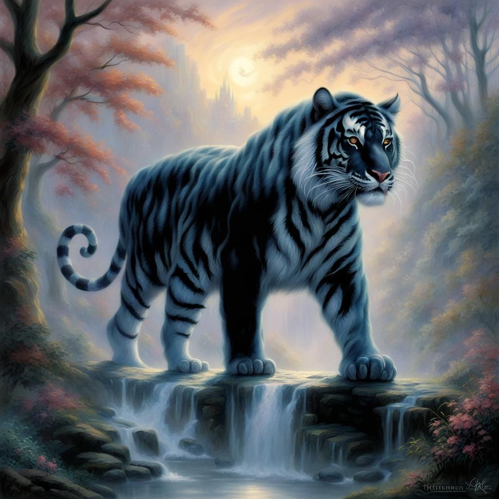 Ethereal Black Tiger in Misty Fantasy Landscape