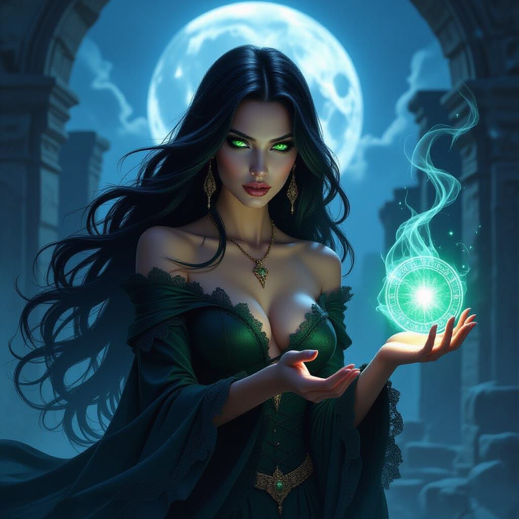 Dark Sorceress Casting Spell in Moonlit Ruins