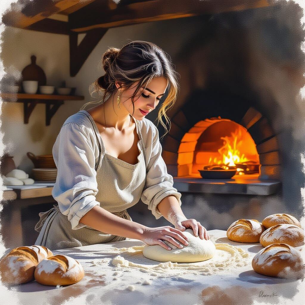Impressionistic Watercolor of Woman Kneading Dough in Bakery