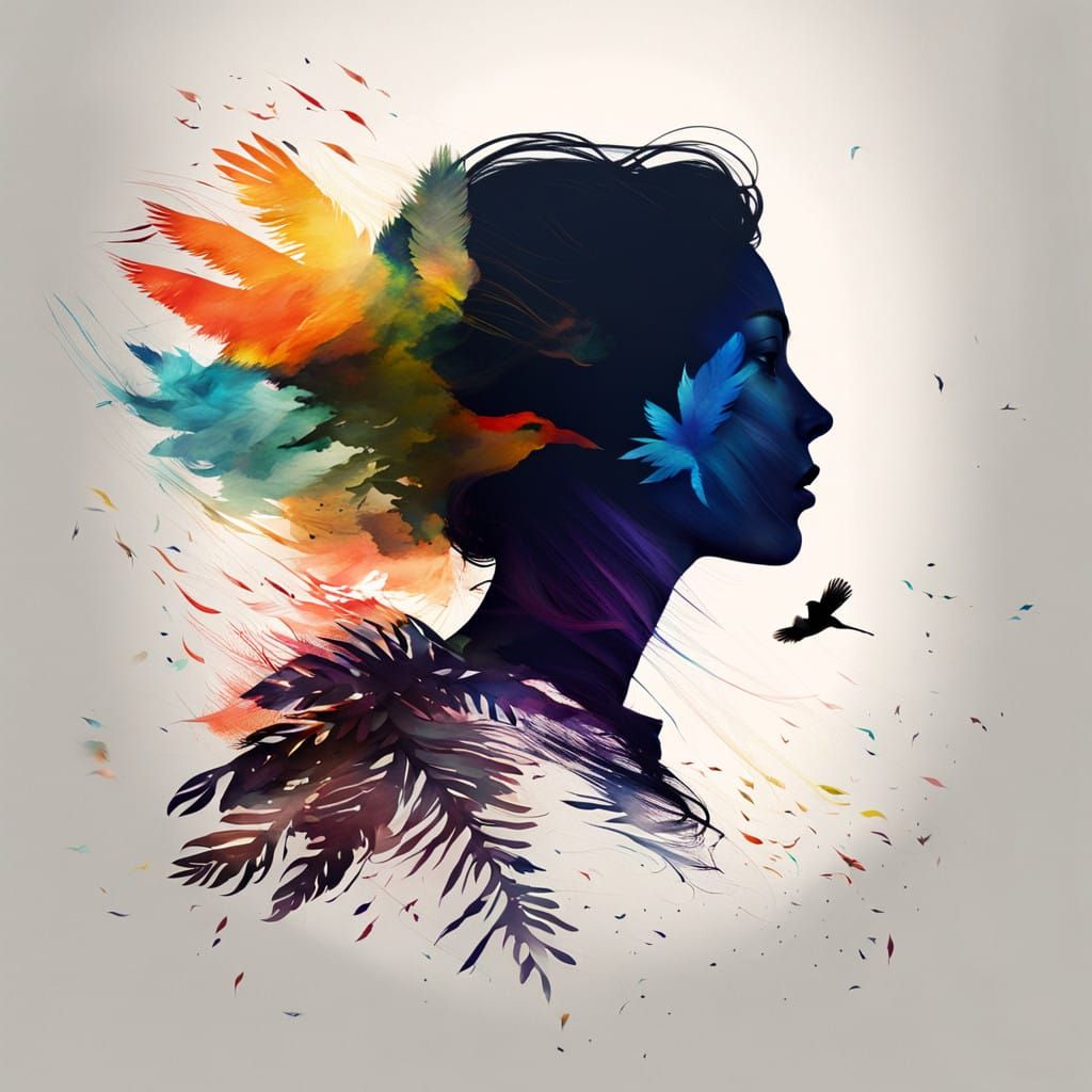 Woman Silhouette Freed by Colorful Bird in Double Exposure