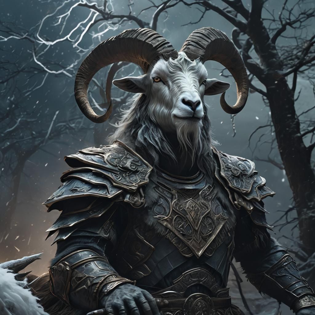 Goat Warrior in Frost Lands: Dark Fantasy Art