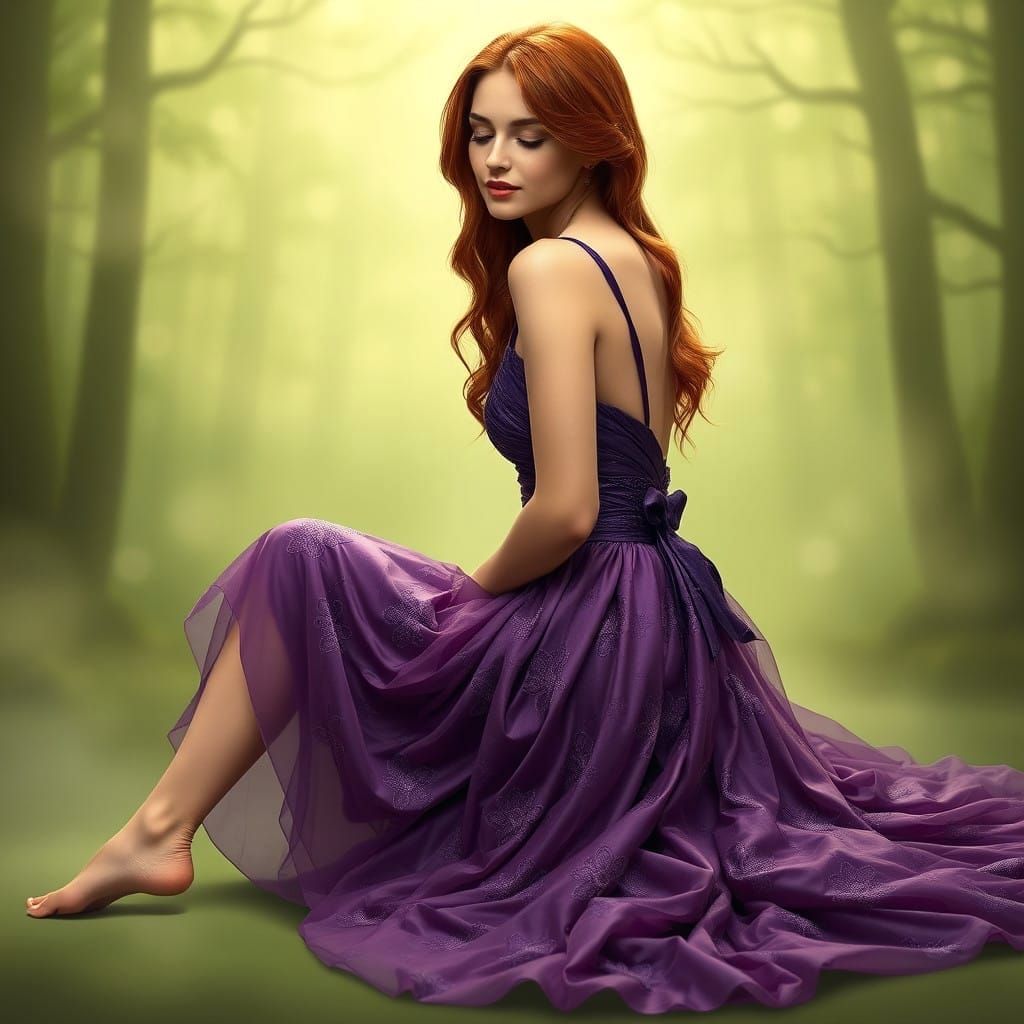 Serene Fantasy Woman in Ethereal Purple Dress