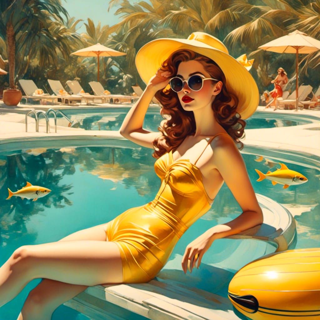 Princess Belle Relaxing Poolside in Watercolor Style