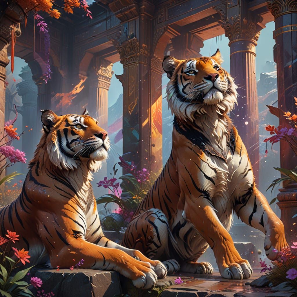Majestic Tigers in Whimsical Watercolor Fantasy