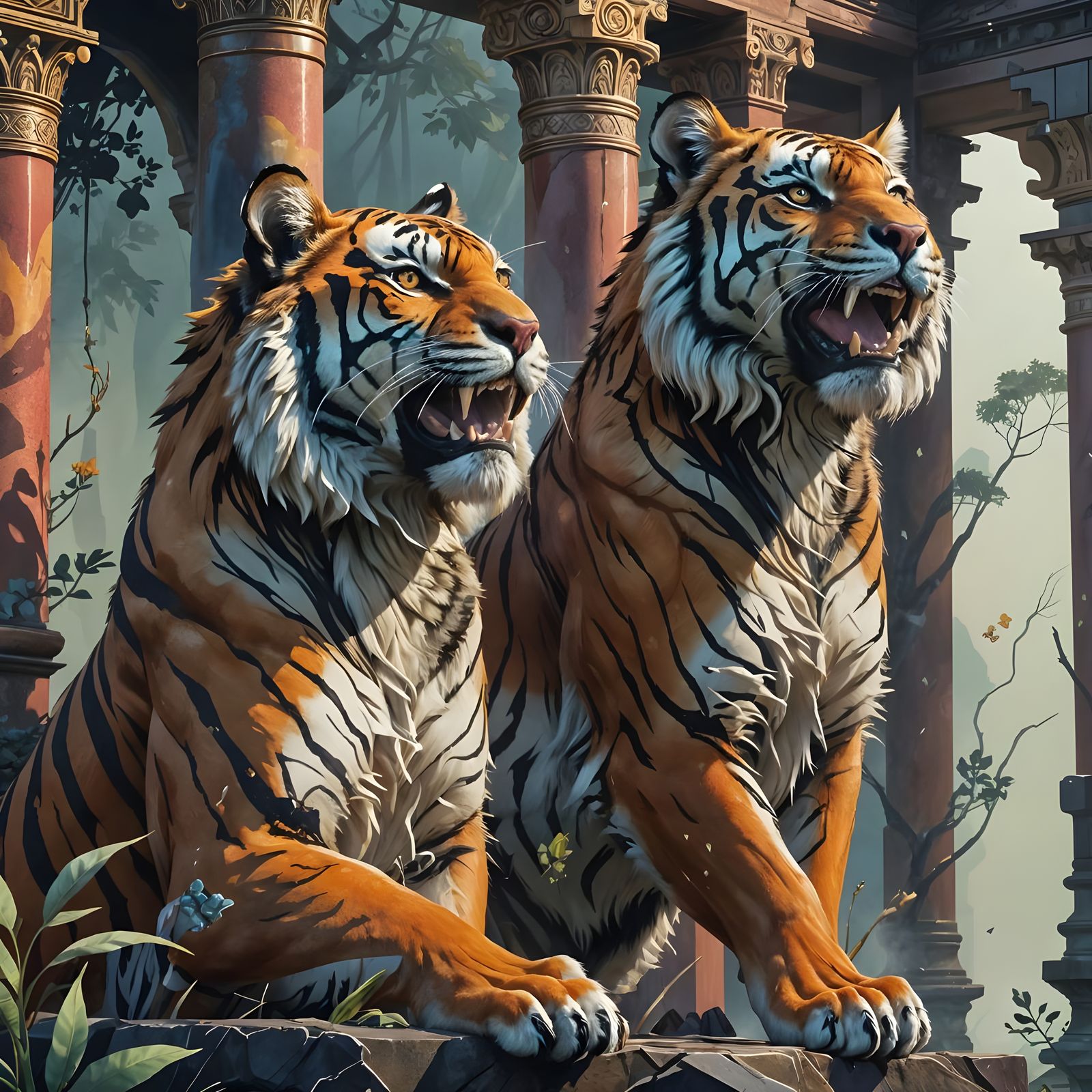 Fantastical Conversation Between Two Tigers Amidst a Gemston...