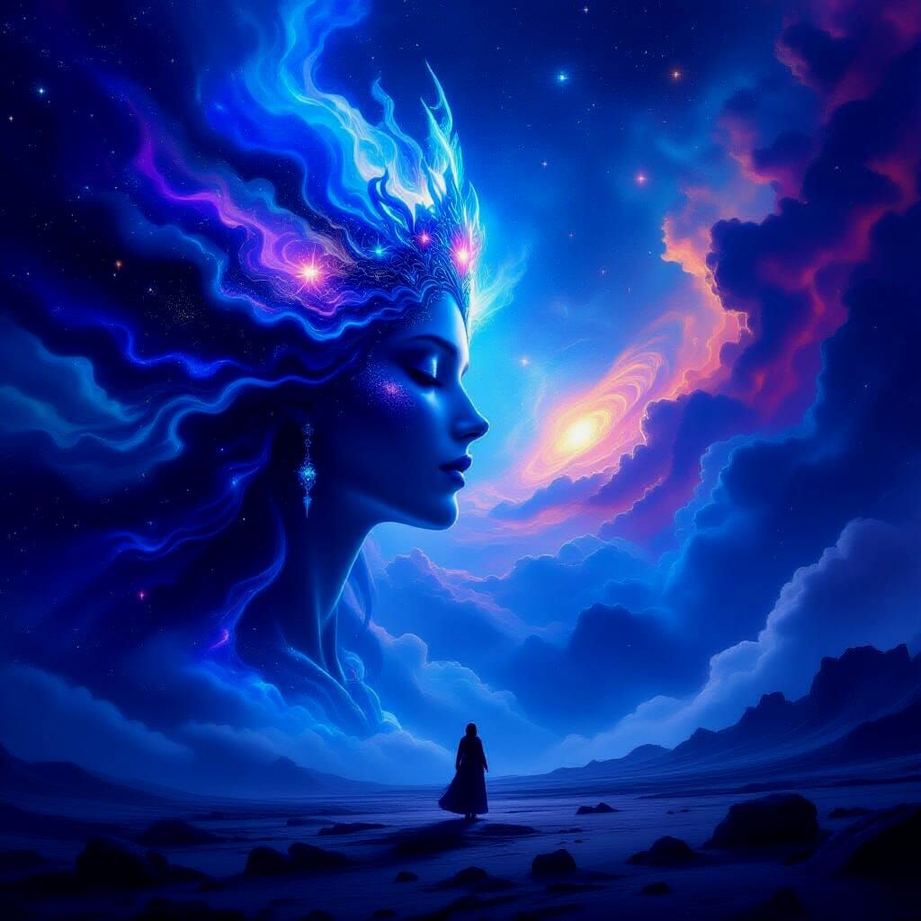 Cosmic Entity Observing Planet in Surreal Cosmic Art Style