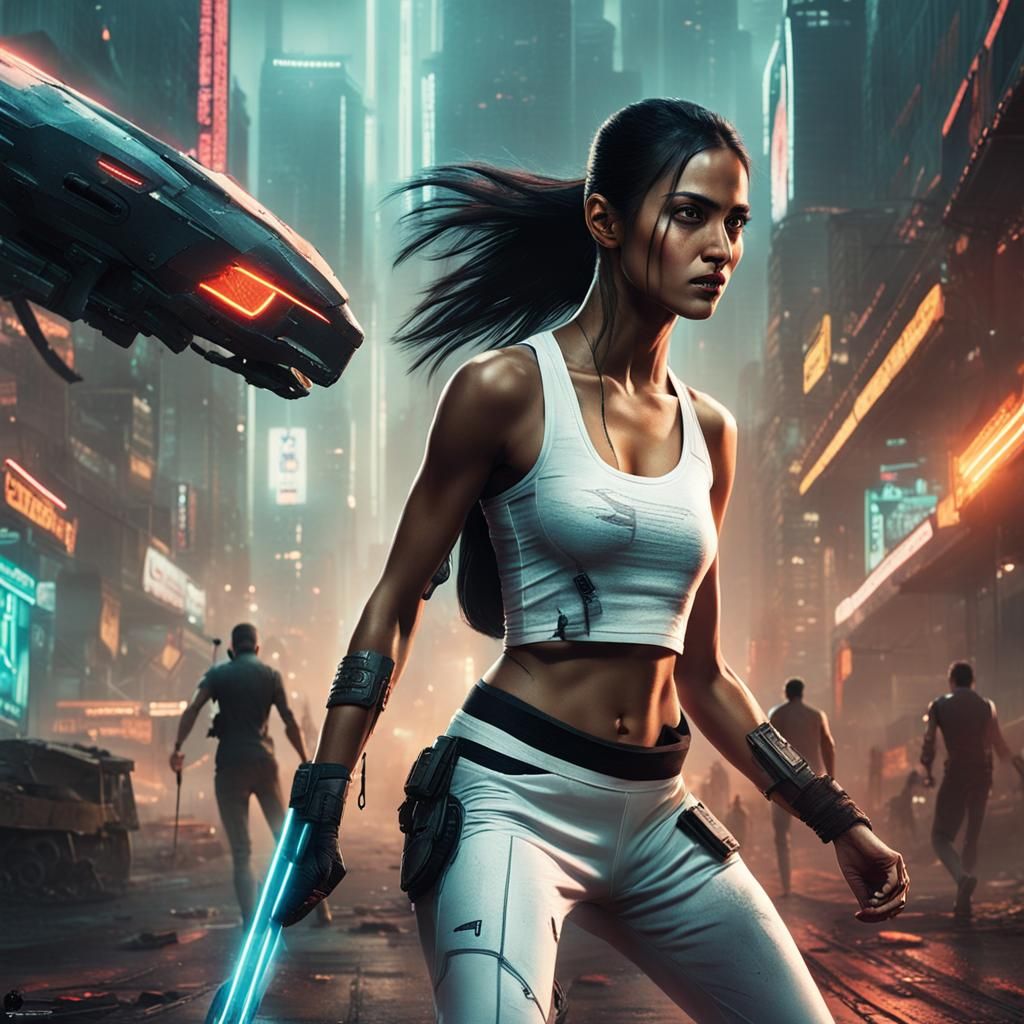 Cyberpunk Woman Punches Cyborg in Neon City