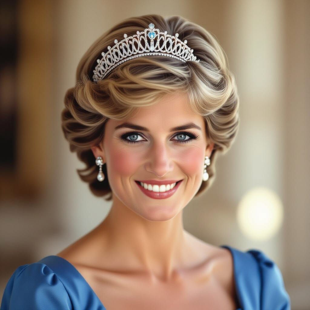 Photorealistic Portrait of Princess Diana in Blue Dress