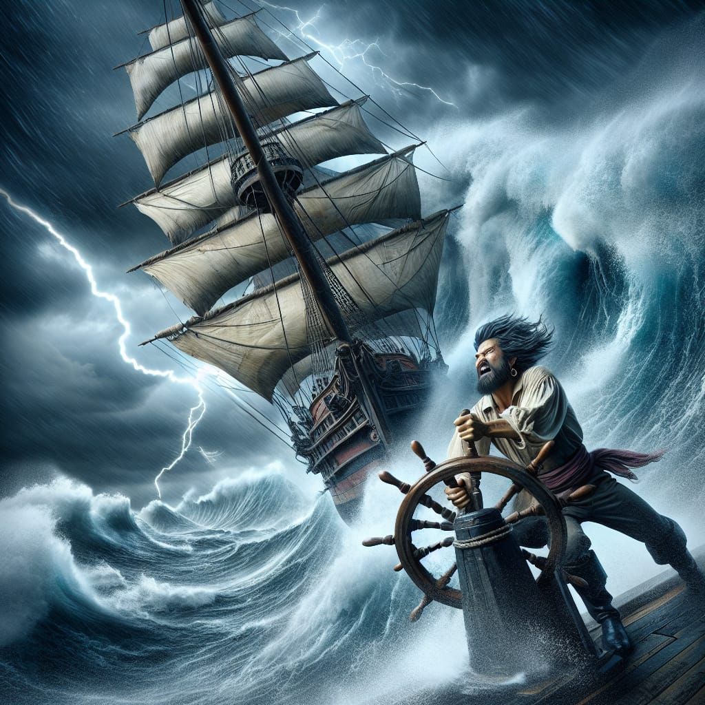 Pirate Captain Battles Violent Storm at Sea