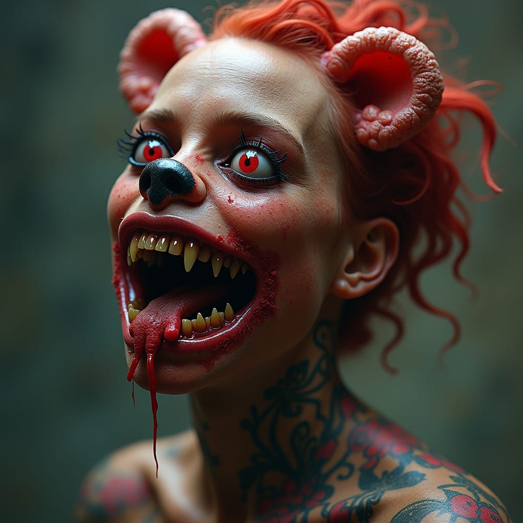 Horror Gummy Bear Pursues Tattooed Woman