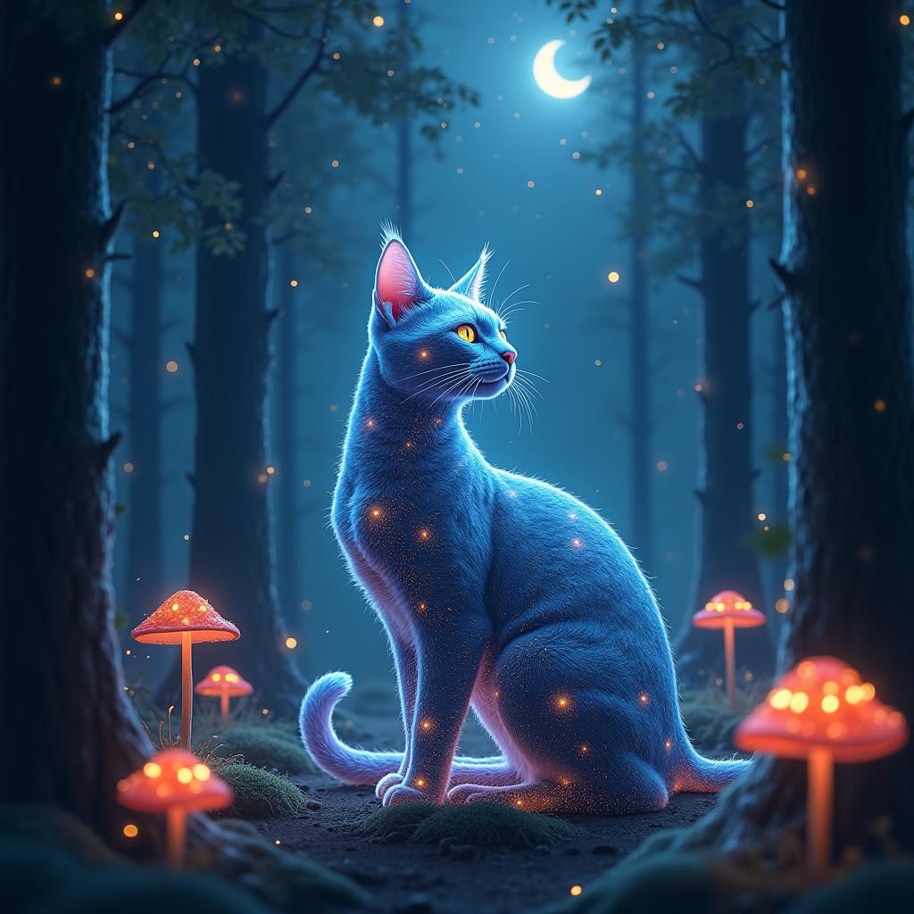 Mystical Cat Merged with Forest Night Sky
