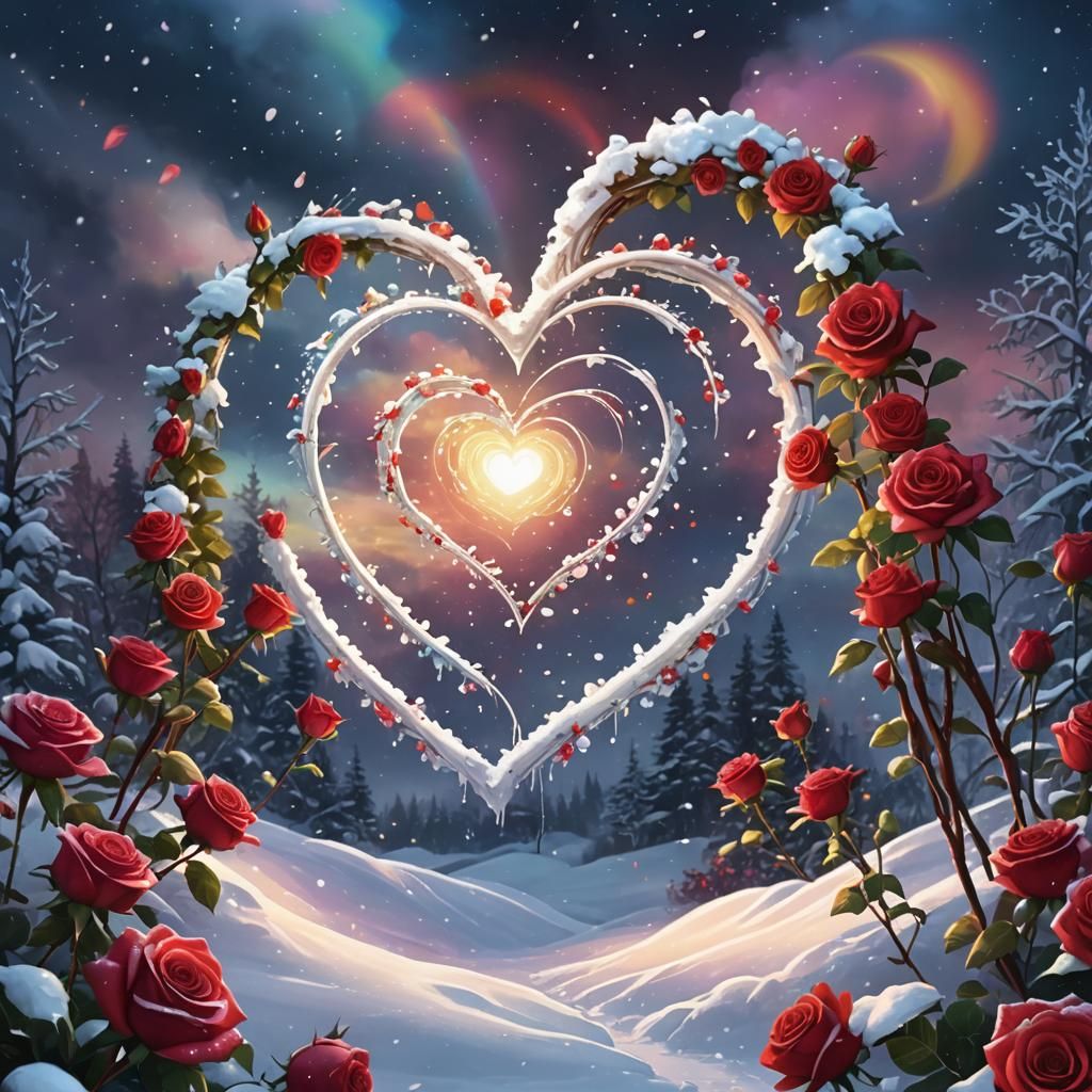 Rainbow Rose Heart on Snowy Night