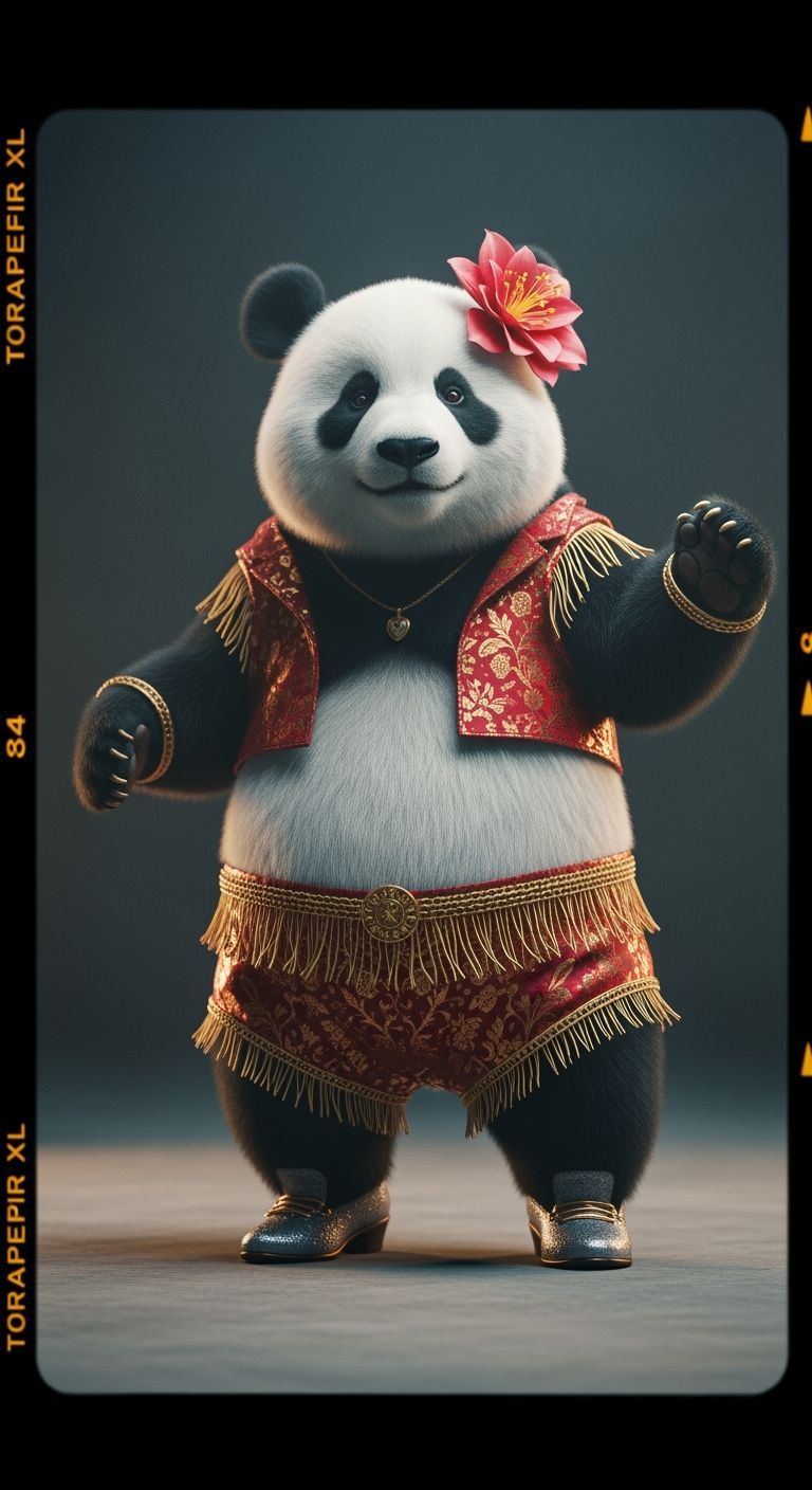Adorable Panda Dances in Glamorous Red & Gold Outfit