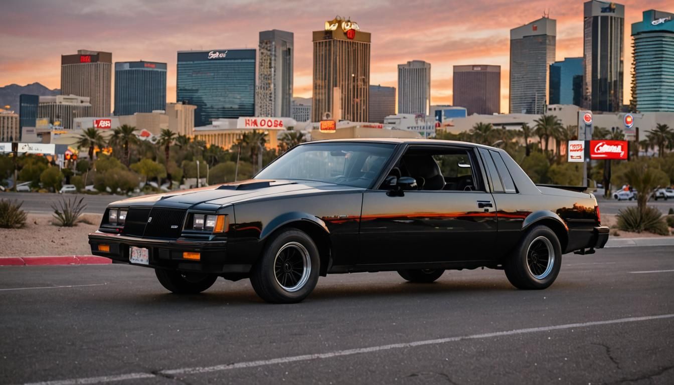 1987 Buick GNX, Jet Black body and wheels, red interior, white letter tires, Las Vegas sunset