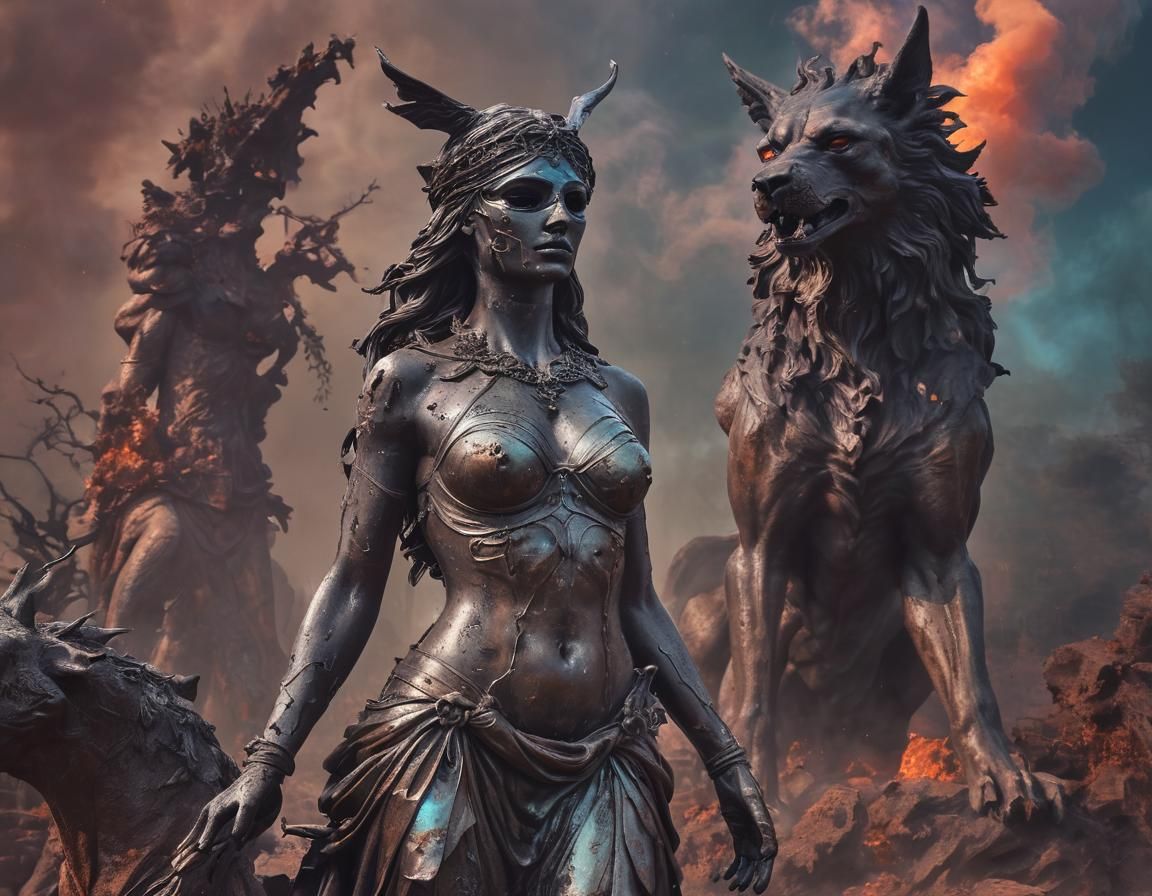 Gothic-Futuristic Goddess Embraces Hellhound in Dreamscape