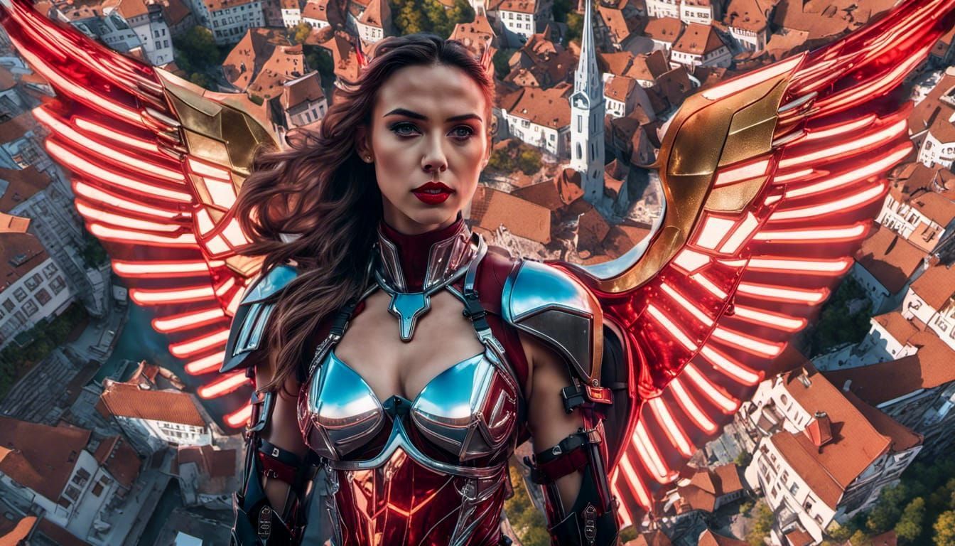 beautiful Futuristic Valkyrie woman Fashionable Fitness Influencer Charactermix {Pamela Reif, Scarlett Johansson, Gal Ga...