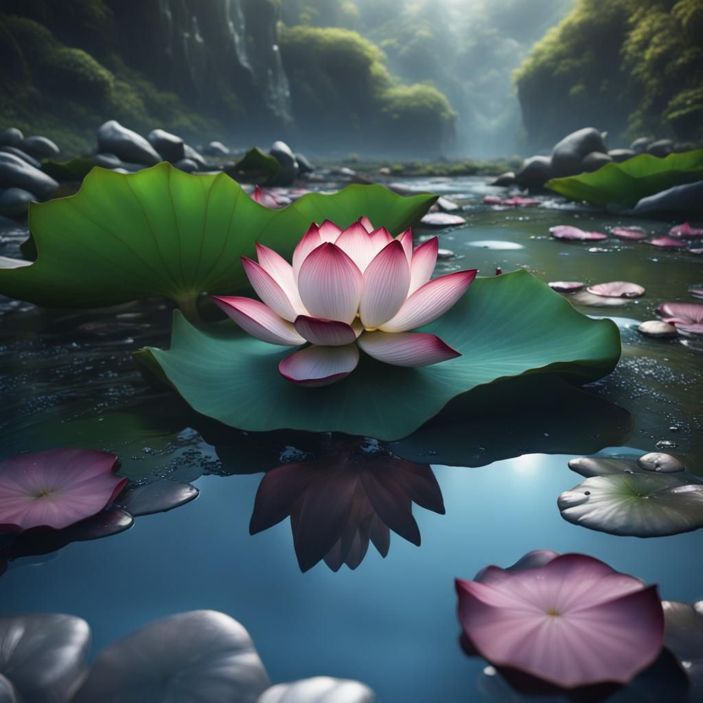 Lotus Flower in Stream: Detailed Matte Painting
