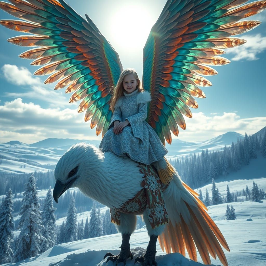 A Winter Princess Rides a Majestic Phoenix Through a Fantast...