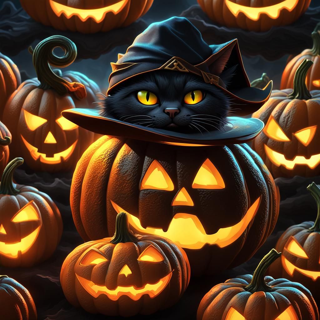 Cartoon Cat Jack-O-Lantern in Vivid Digital Art