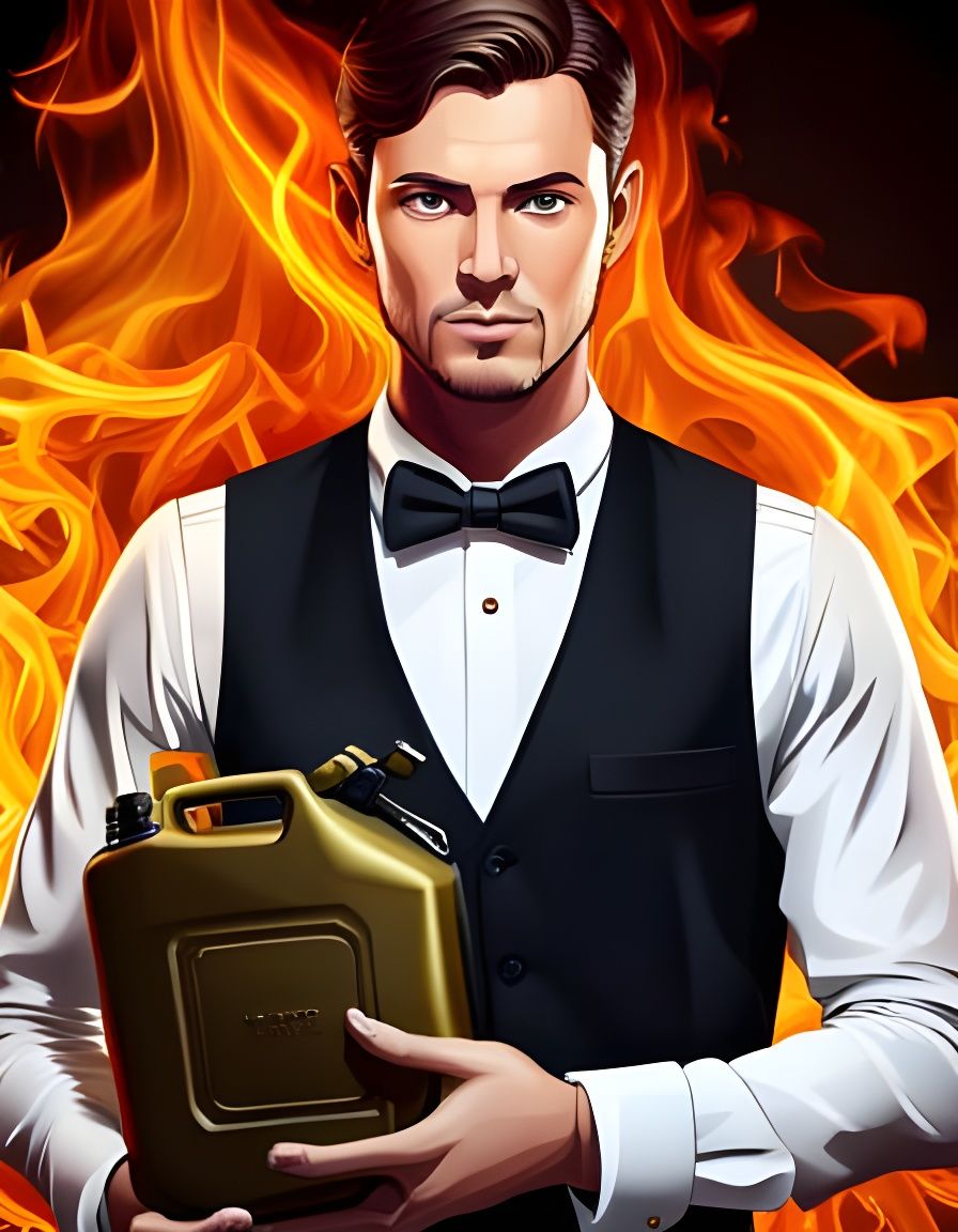 Burning Restaurant: Waiter with Kerosene, Detailed Portrait