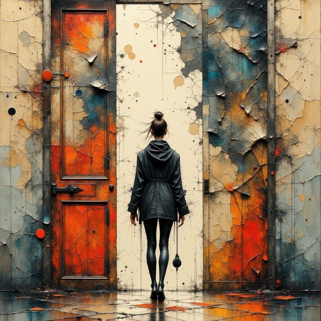 Figure Fragments Reality in Mixed Media Dreamscape