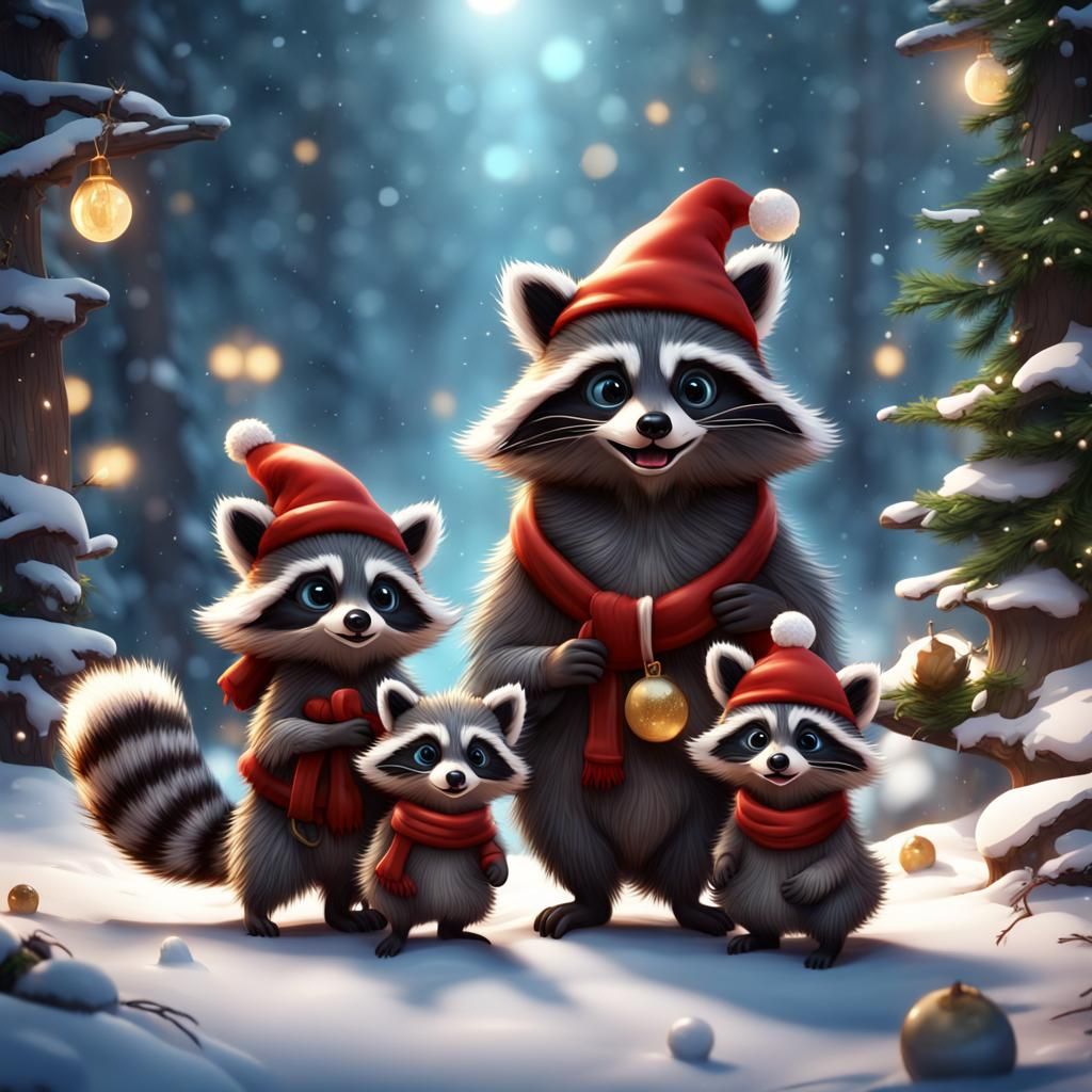 a cute raccoon family, celebrating Christmas in the snow cov...