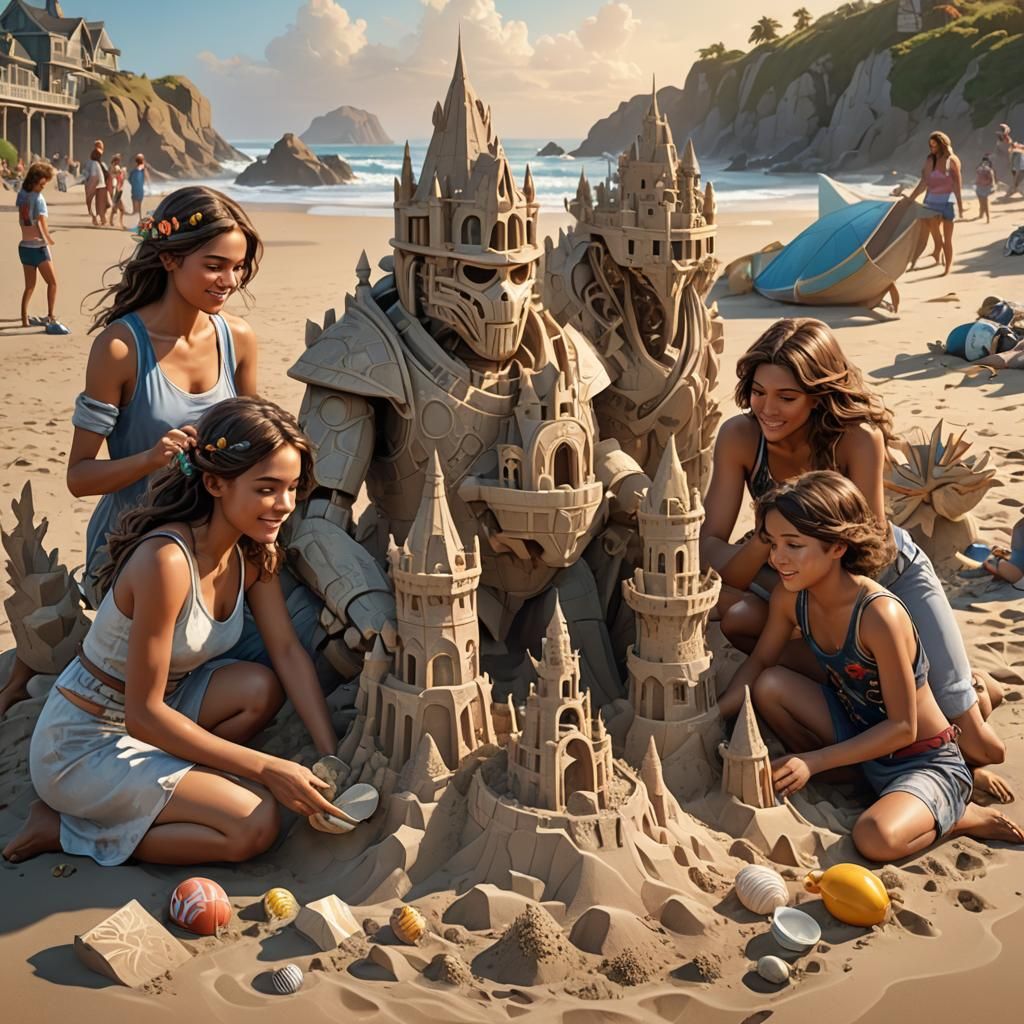 Joyful Family Builds Sandcastle: Hyperdetailed Beach Scene