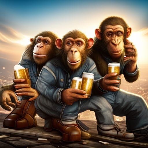 Monkeys Drinking Beer in Jeans: Digital Art