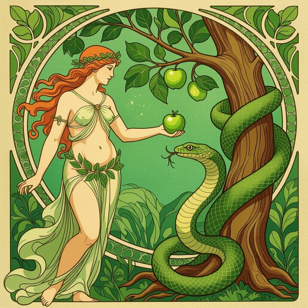 Art Nouveau Green Scene: Eve, Snake, and Apple