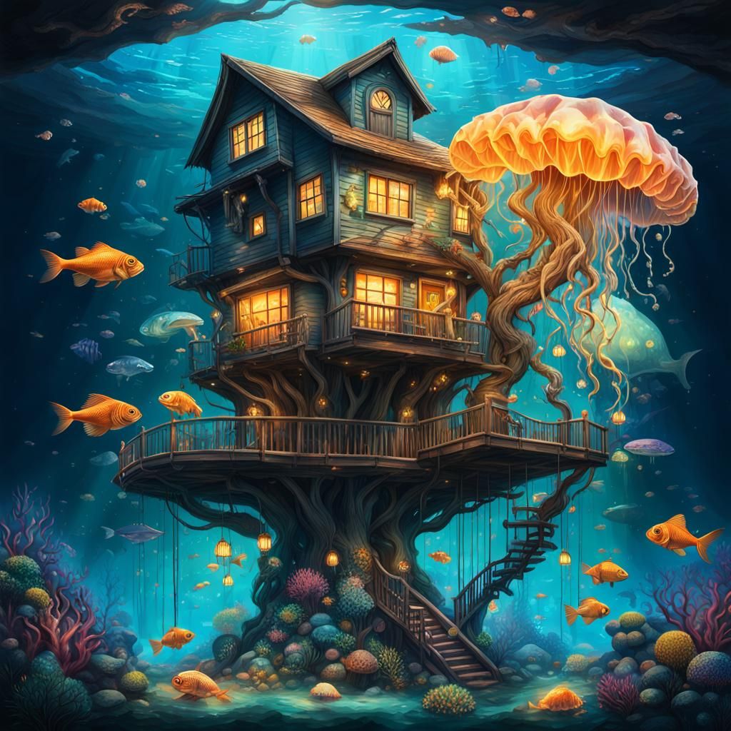 Deep Sea Treehouse with Marine Life: Hyperrealistic Splash A...