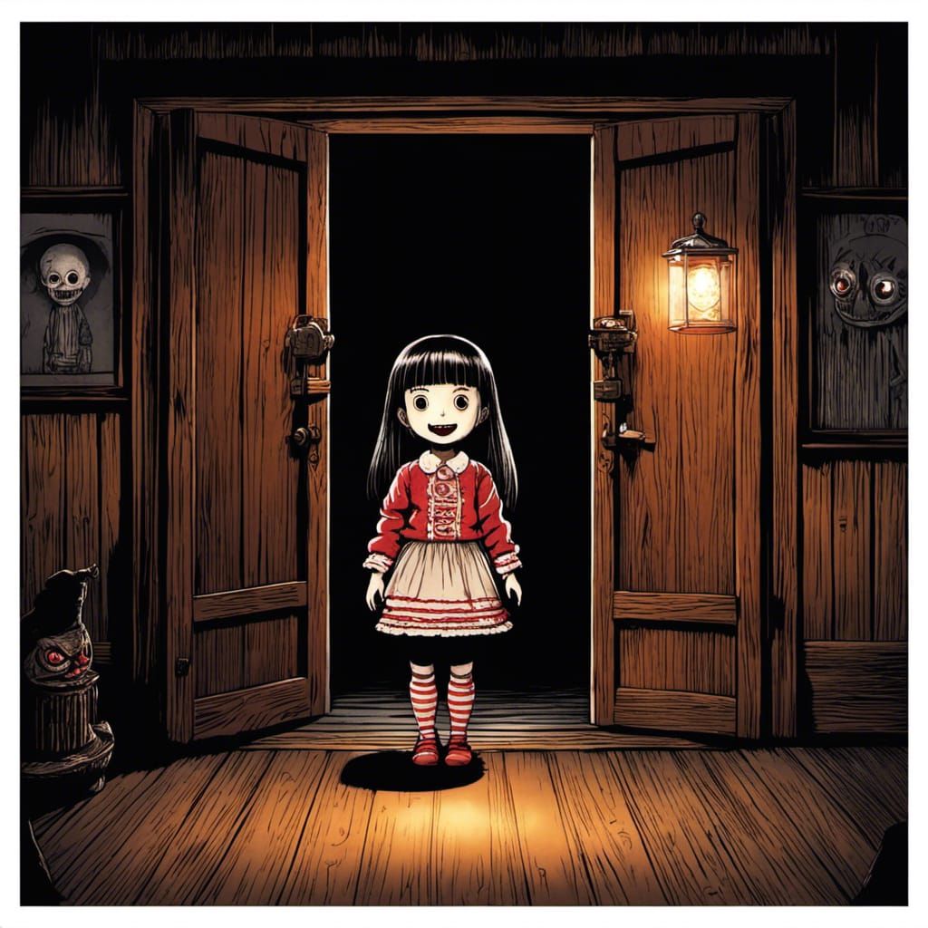 Creepy Anime Doll in Dark Room: Junji Ito Style